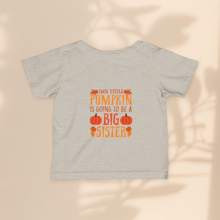 Sea Dragon Dreams infant fine jersey tee in heather grey with Big Sister Pumpkin graphic print for autumn.