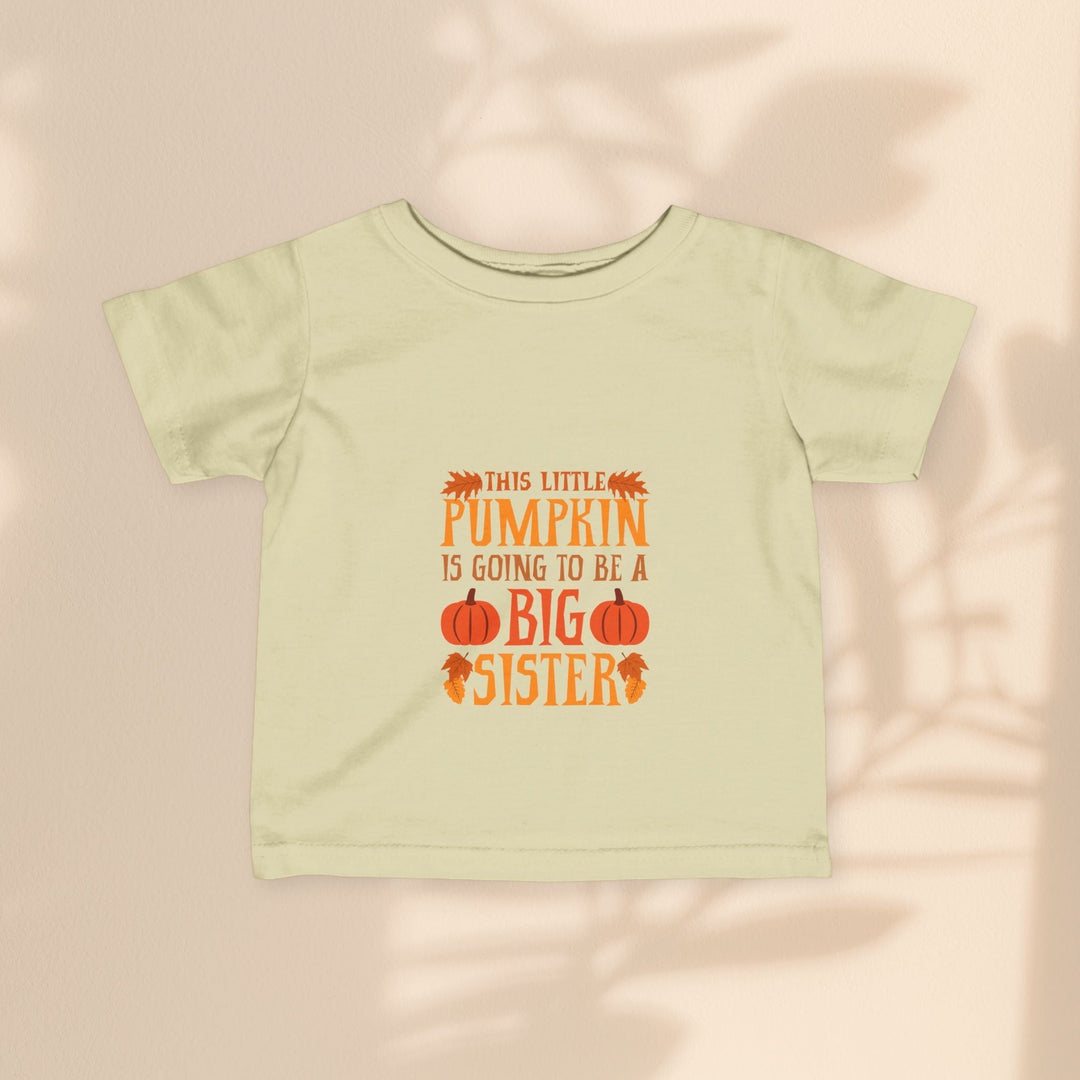 Sea Dragon Dreams infant fine jersey tee in light yellow with Big Sister Pumpkin graphic print for autumn.