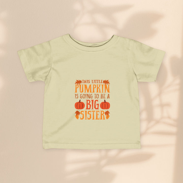 Sea Dragon Dreams infant fine jersey tee in light yellow with Big Sister Pumpkin graphic print for autumn.