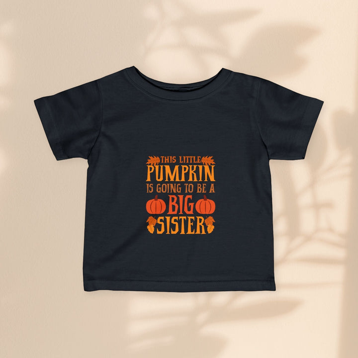 Sea Dragon Dreams black infant t-shirt with Big Sister Pumpkin graphic print for fall and autumn announcements.