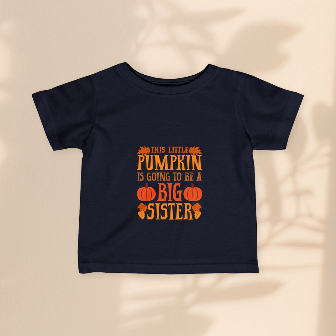 Sea Dragon Dreams infant black cotton t-shirt with Big Sister Pumpkin graphic for fall announcements.