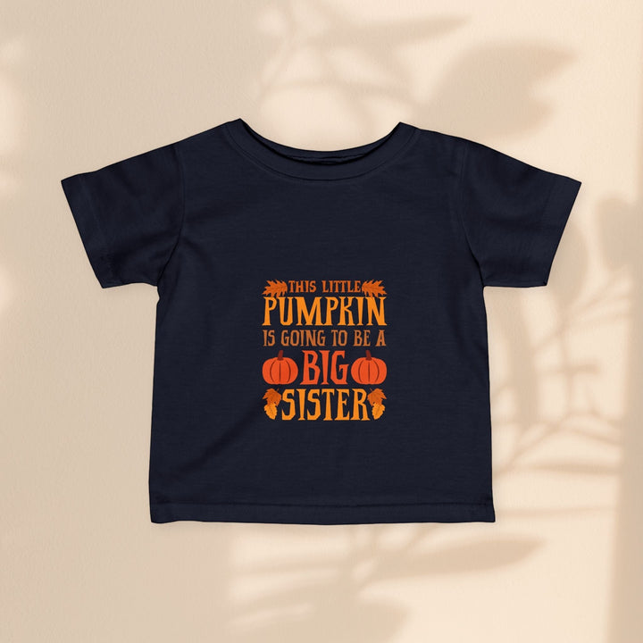 Sea Dragon Dreams infant black cotton t-shirt with Big Sister Pumpkin graphic for fall announcements.