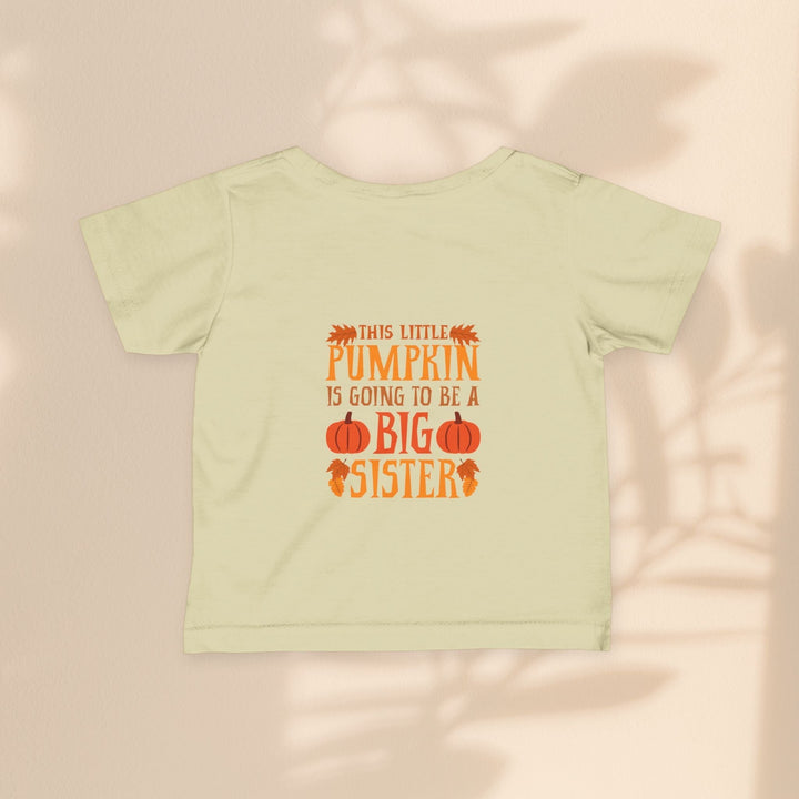 Sea Dragon Dreams infant tee in light yellow with Big Sister Pumpkin graphic print for fall announcement.
