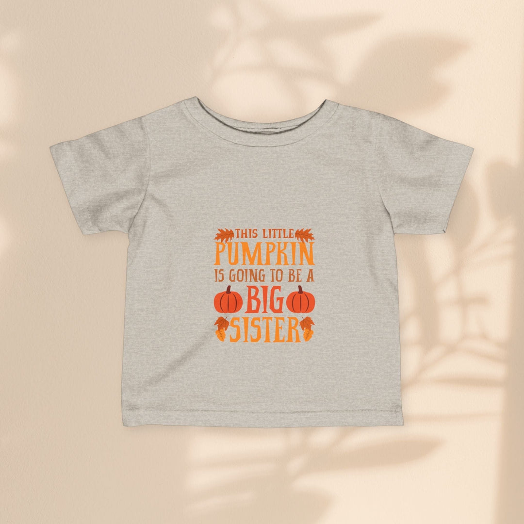 Sea Dragon Dreams infant fine jersey tee in heather grey with Big Sister Pumpkin graphic for autumn announcement.