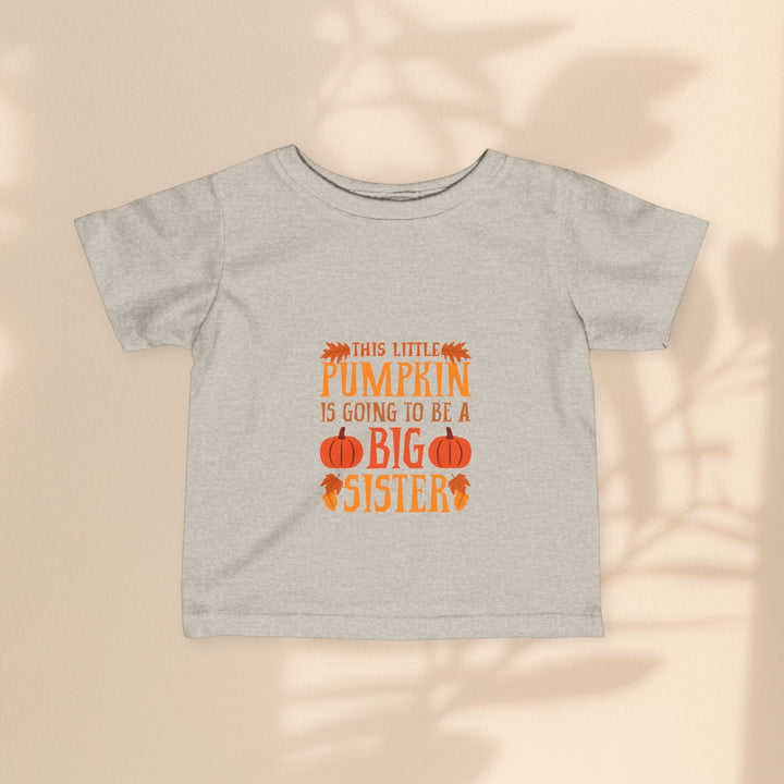 Sea Dragon Dreams infant fine jersey tee in heather grey with Big Sister Pumpkin graphic for autumn announcement.