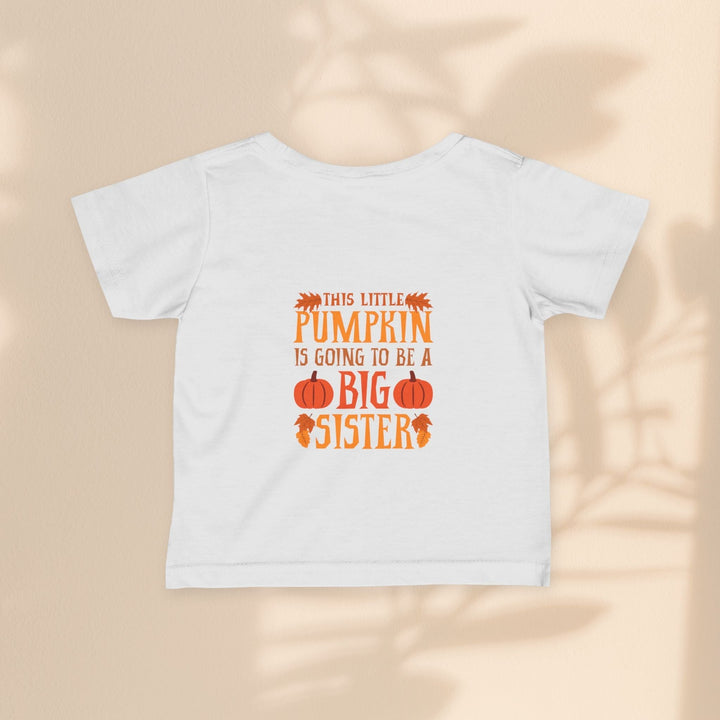 Sea Dragon Dreams infant white cotton t-shirt featuring a Big Sister Pumpkin graphic for fall announcements.