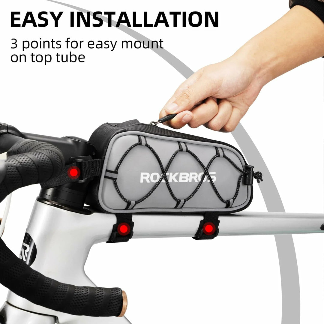 Sea Dragon Dreams bike top tube bag with three-point strap mounting system and easy-access zipper on a white bicycle