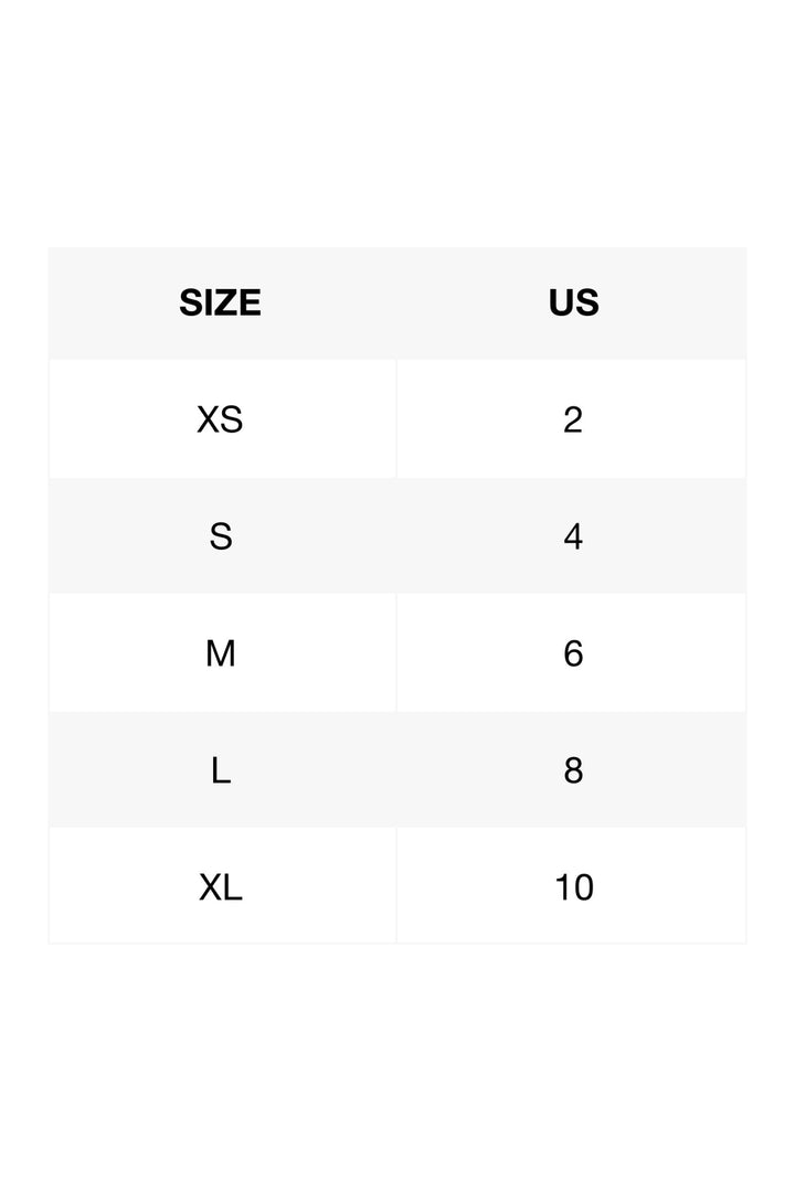Sea Dragon Dreams size chart table showing US sizes 2 through 10 corresponding to XS through XL for bikini swimwear