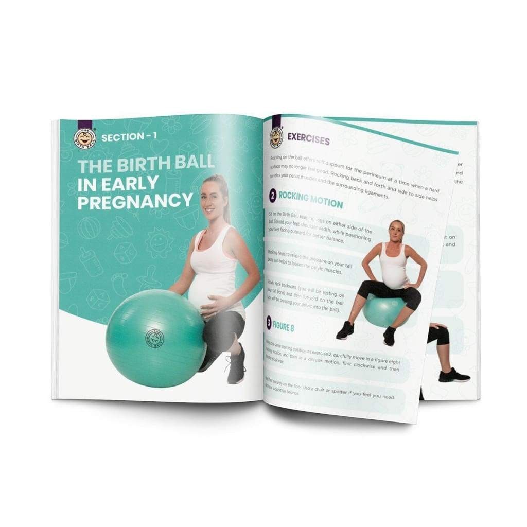 Sea Dragon Dreams exercise guide book showing a pregnant woman using a green birth ball for pregnancy exercises