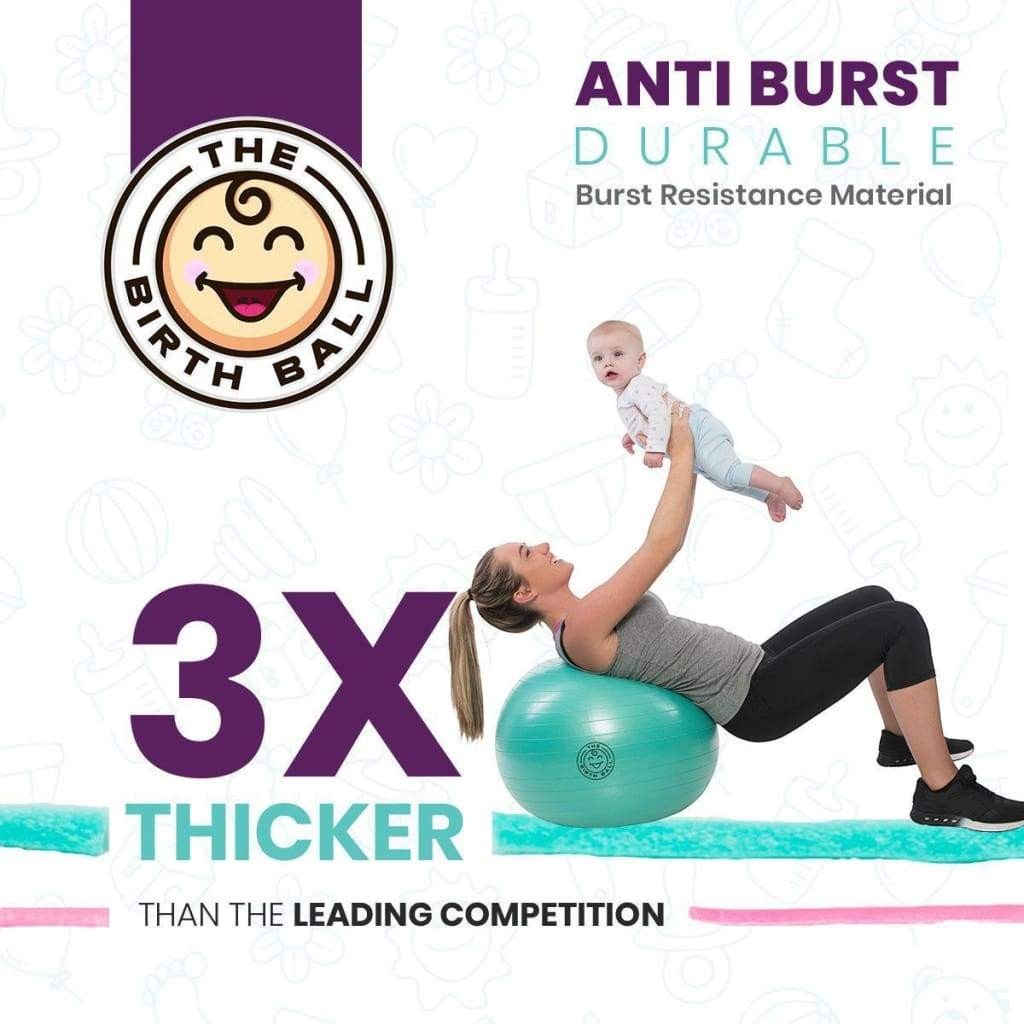 Sea Dragon Dreams birth ball for pregnancy and postpartum exercise, featuring anti-burst material and a mother with baby