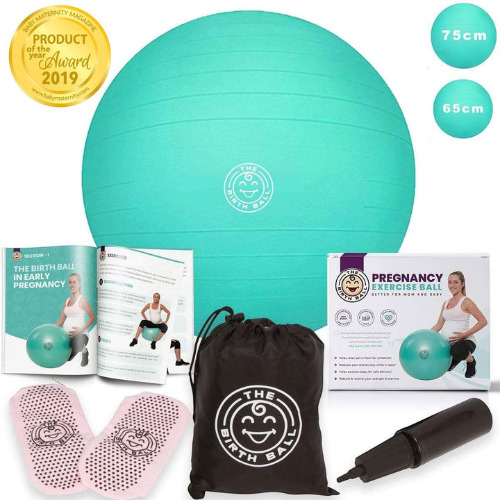 Sea Dragon Dreams teal birth ball kit with exercise guide, pump, non-slip socks, and storage bag for pregnancy
