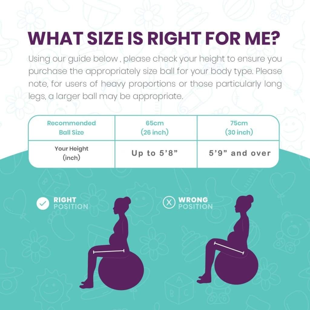 Sea Dragon Dreams birth ball size guide chart showing correct sitting posture for pregnancy and labor exercises