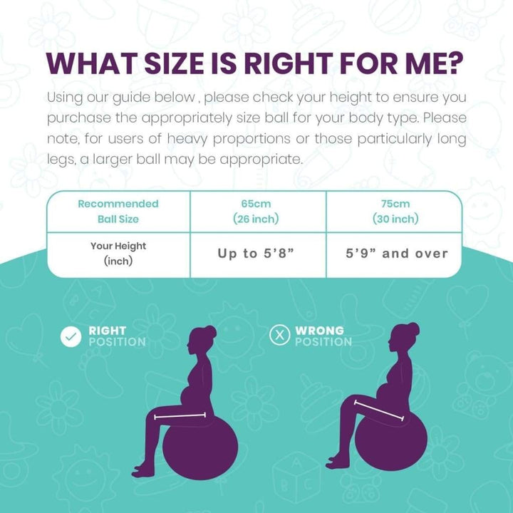 Sea Dragon Dreams birth ball size guide chart showing correct sitting posture for pregnancy and labor exercises
