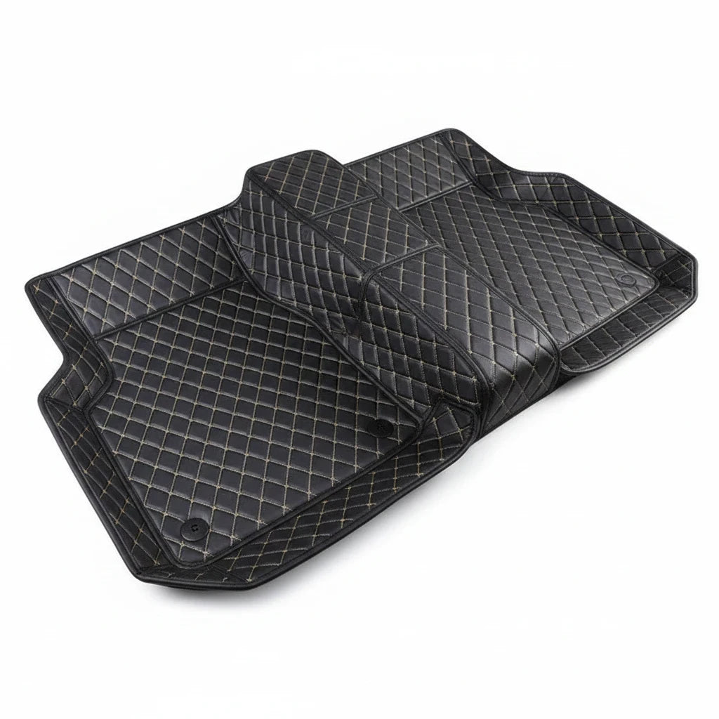Sea Dragon Dreams black car floor mats with beige diamond stitching for 5-seat vehicles, made of durable TPE and XPE.