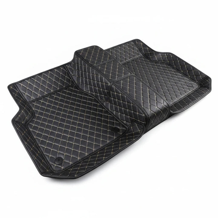 Sea Dragon Dreams black car floor mats with beige diamond stitching for 5-seat vehicles, made of durable TPE and XPE.