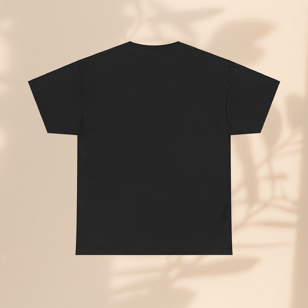 Sea Dragon Dreams unisex heavy cotton black crew neck t-shirt, back view, displayed against a neutral wall.
