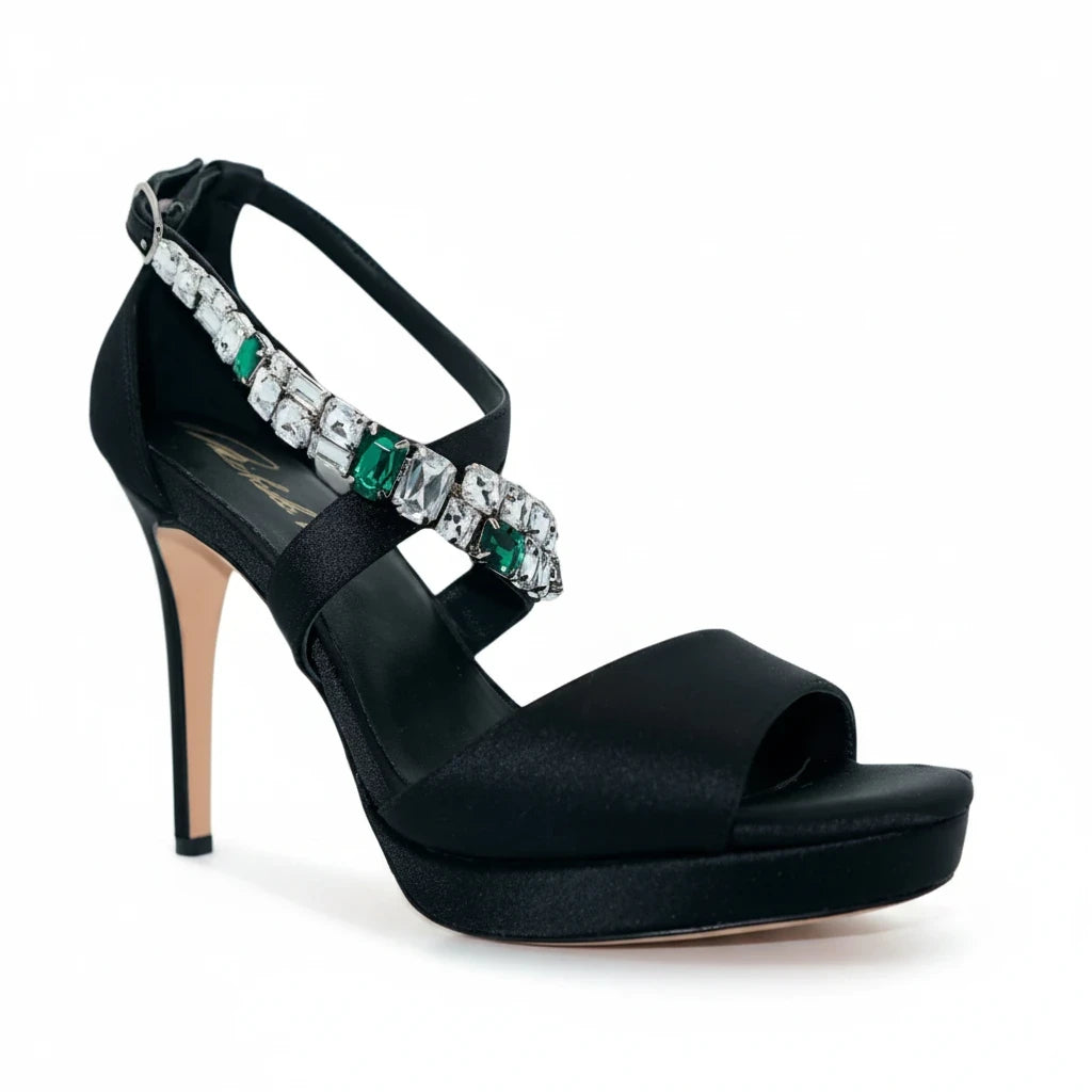 Sea Dragon Dreams Michaela V Athena black satin stiletto pump with crystal and emerald embellishment on ankle strap