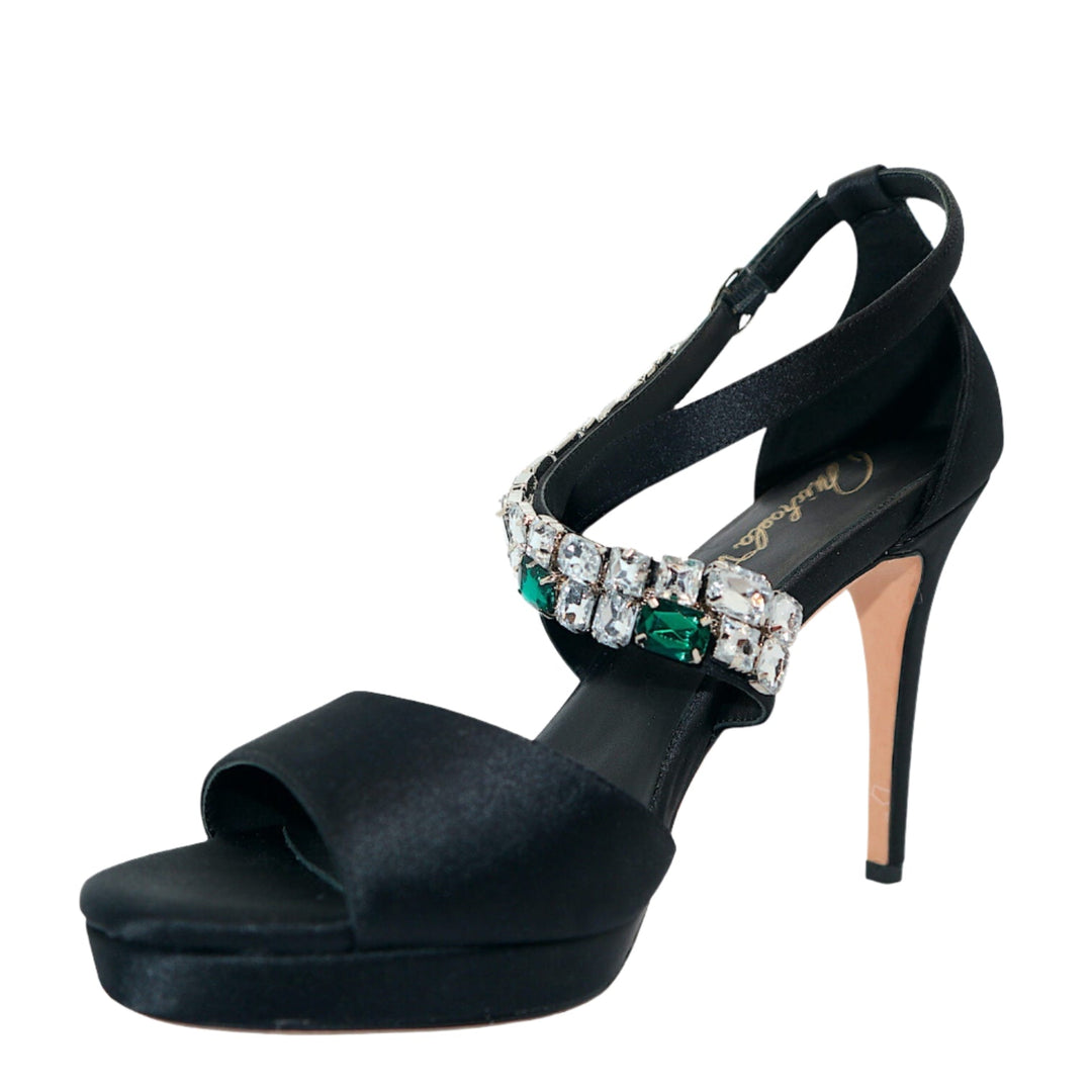 Sea Dragon Dreams Michaela V Athena black satin stiletto pumps with sparkling crystal and emerald stone embellishment
