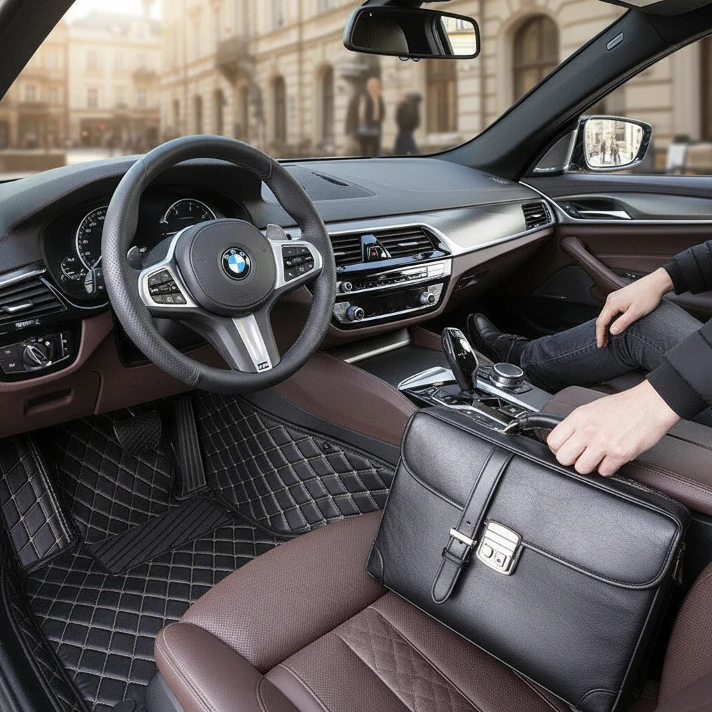 Sea Dragon Dreams black car floor mats with white diamond stitching installed in a luxury vehicle interior