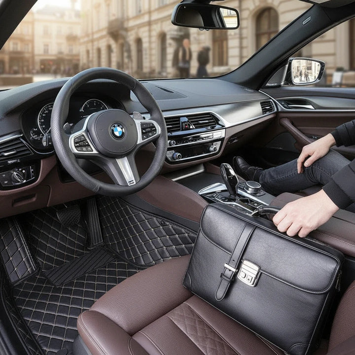 Sea Dragon Dreams black car floor mats with white diamond stitching installed in a luxury vehicle interior