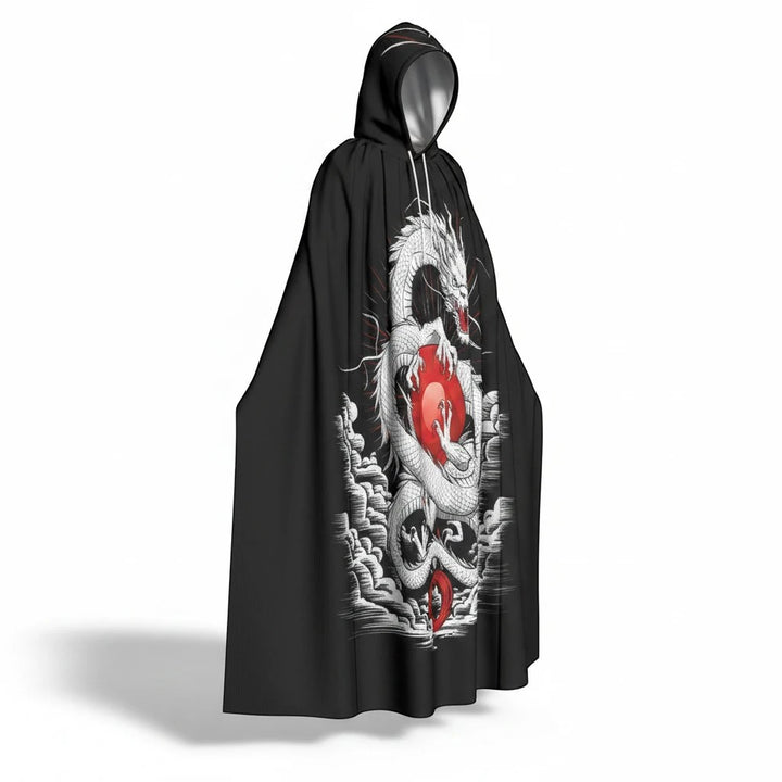Sea Dragon Dreams unisex hooded cloak in black featuring a detailed white dragon and red orb graphic print