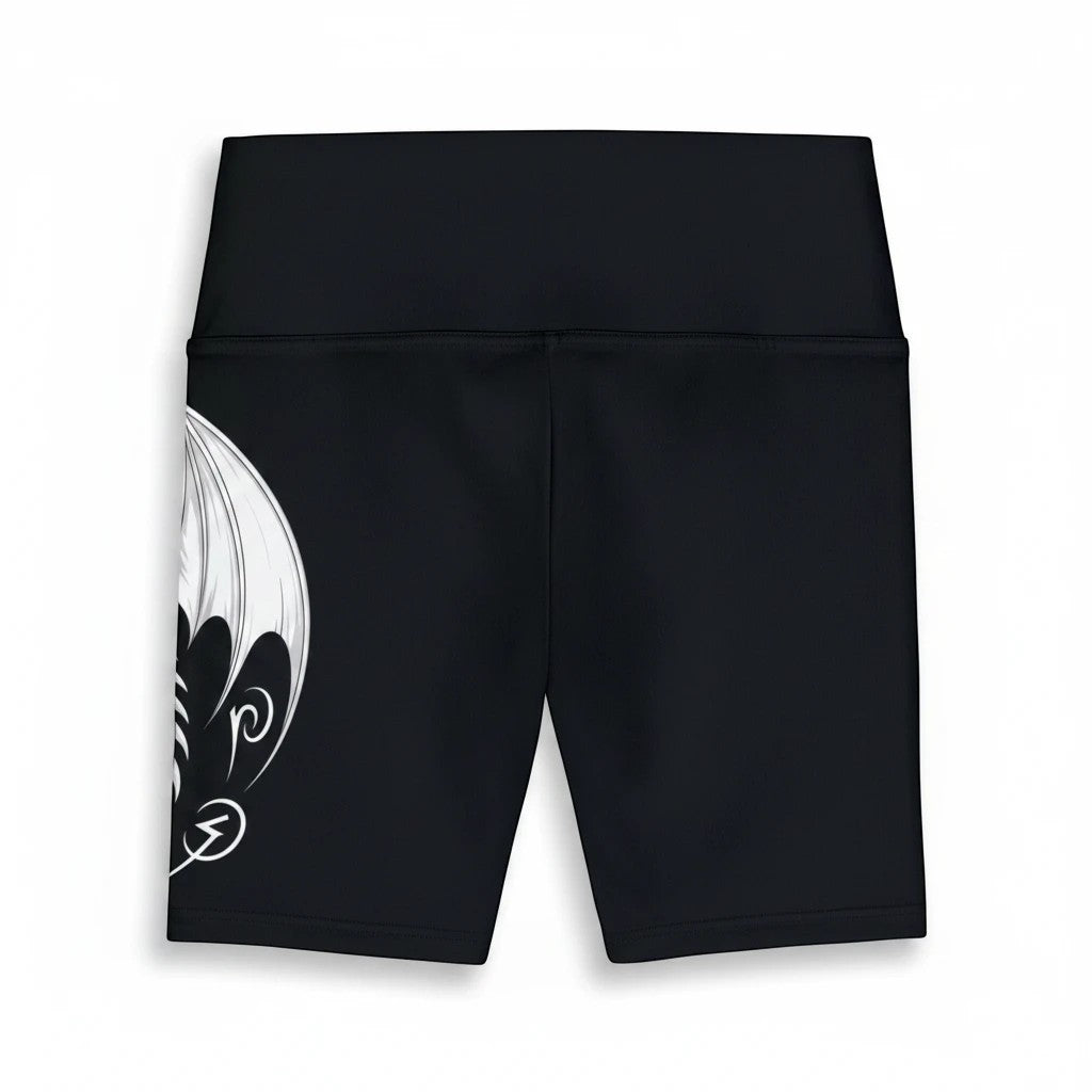Sea Dragon Dreams women's black athletic workout shorts featuring a white dragon wing print and gusset insert.