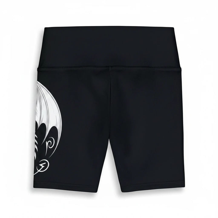 Sea Dragon Dreams women's black athletic workout shorts featuring a white dragon wing print and gusset insert.