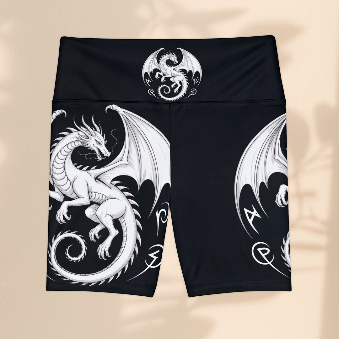 Sea Dragon Dreams women's athletic shorts in black with a white fantasy dragon print and a flexible gusset insert.