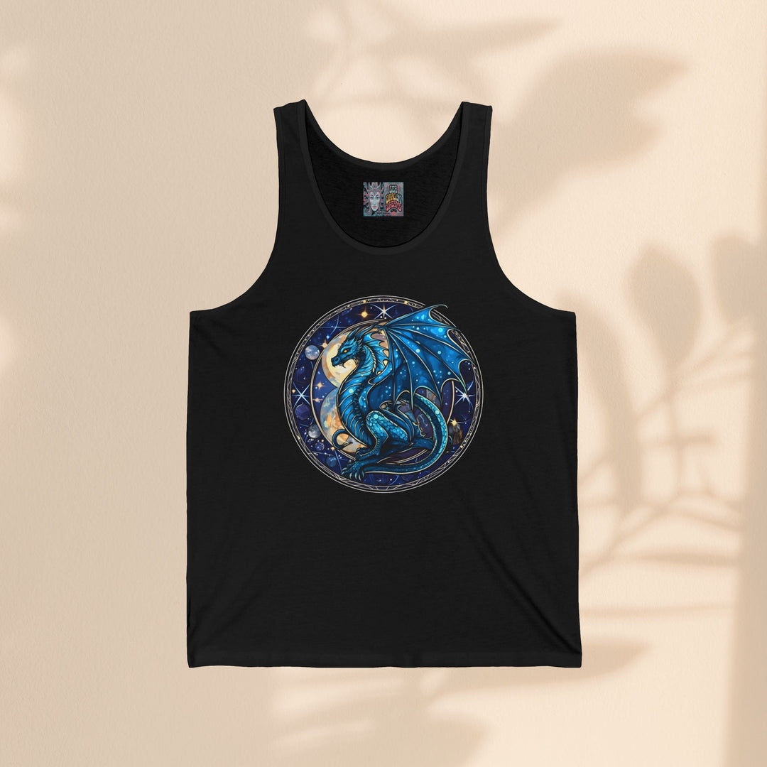 Sea Dragon Dreams unisex black jersey tank top featuring a circular blue dragon graphic with celestial moon details.