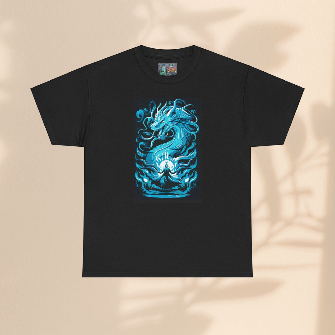 Sea Dragon Dreams black unisex heavy cotton tee featuring a blue glowing dragon graphic and a figure in the center.