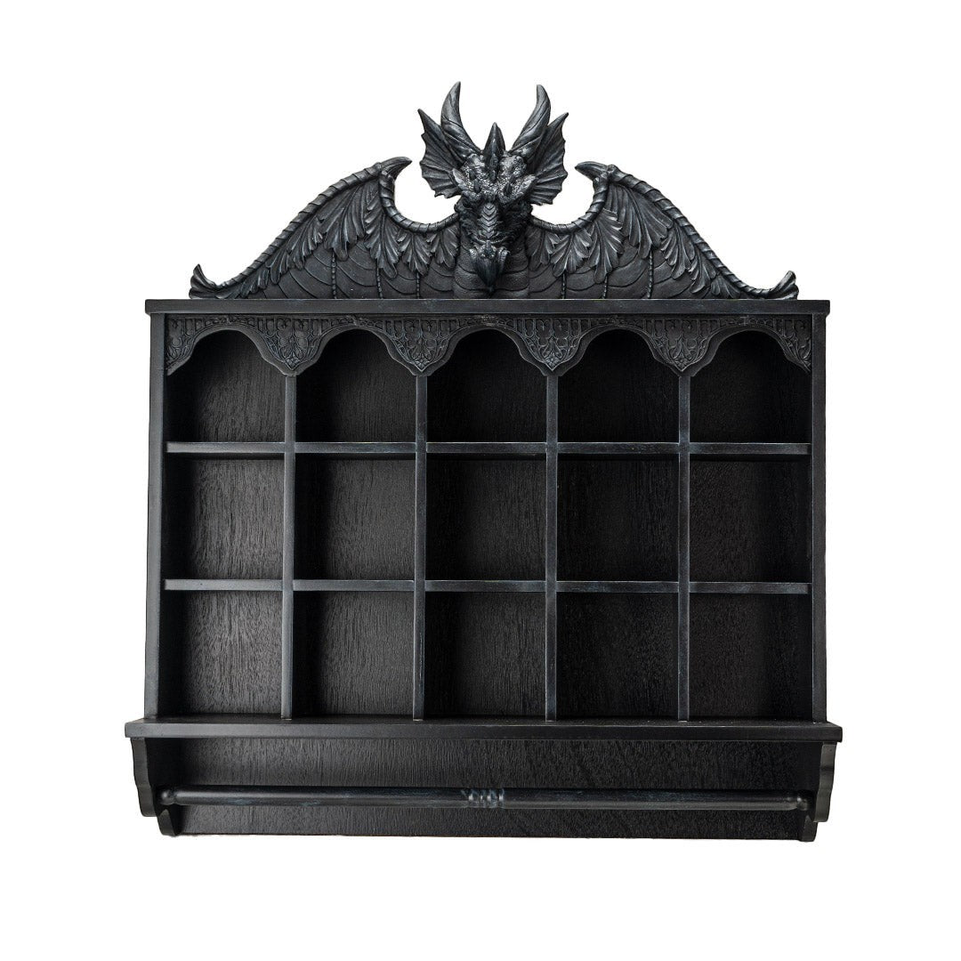 Sea Dragon Dreams black resin wall shelf featuring a detailed dragon head and wings with multiple display cubbies.