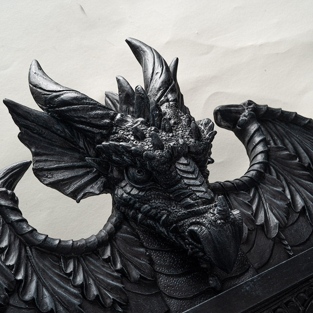 Sea Dragon Dreams black resin wall shelf featuring a detailed dragon sculpture with intricate scales and wings