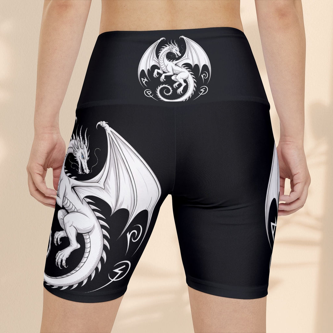 Sea Dragon Dreams women's black athletic workout shorts featuring a white fantasy dragon print and gusset insert.