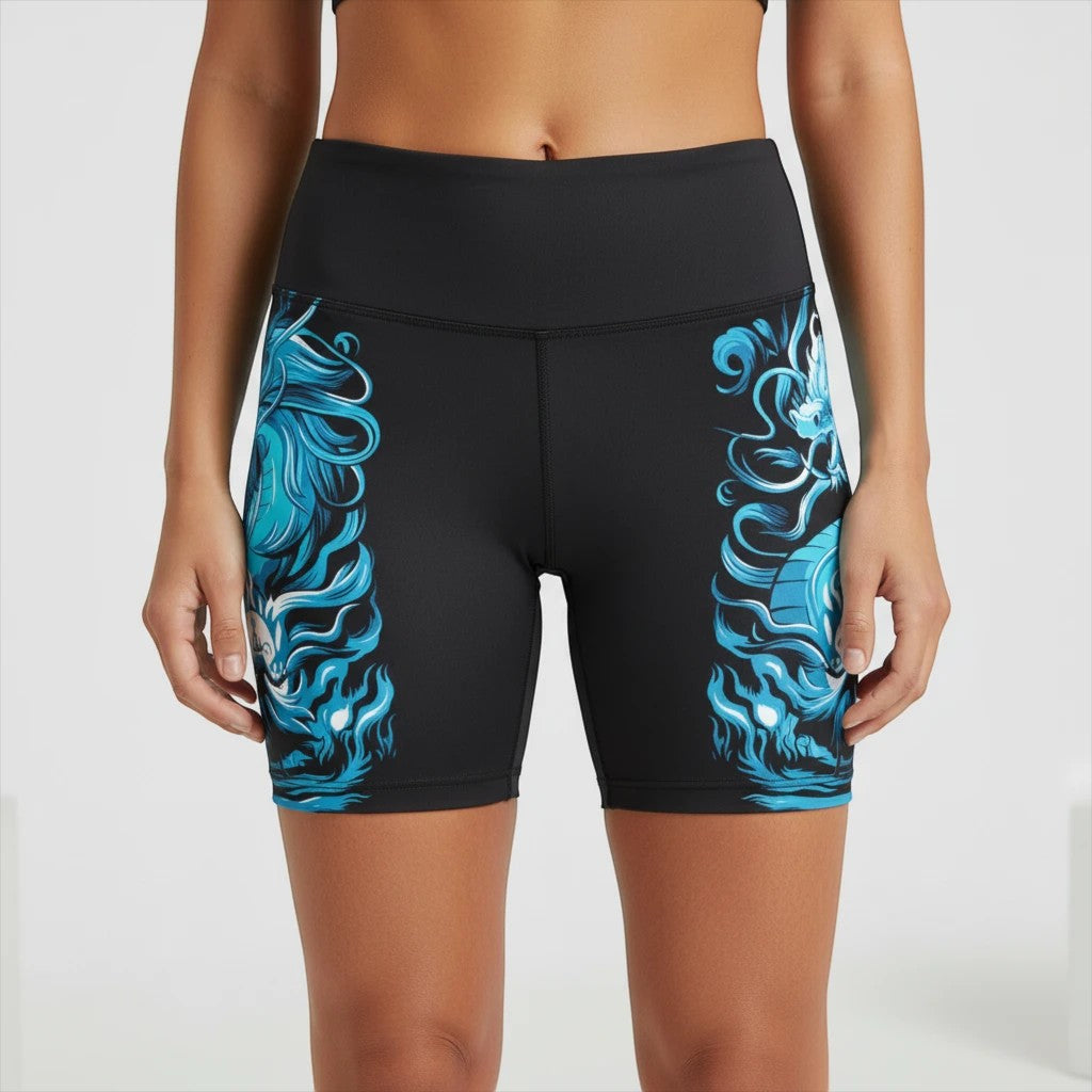Sea Dragon Dreams women's black workout shorts with blue dragon print side panels, made from polyester.