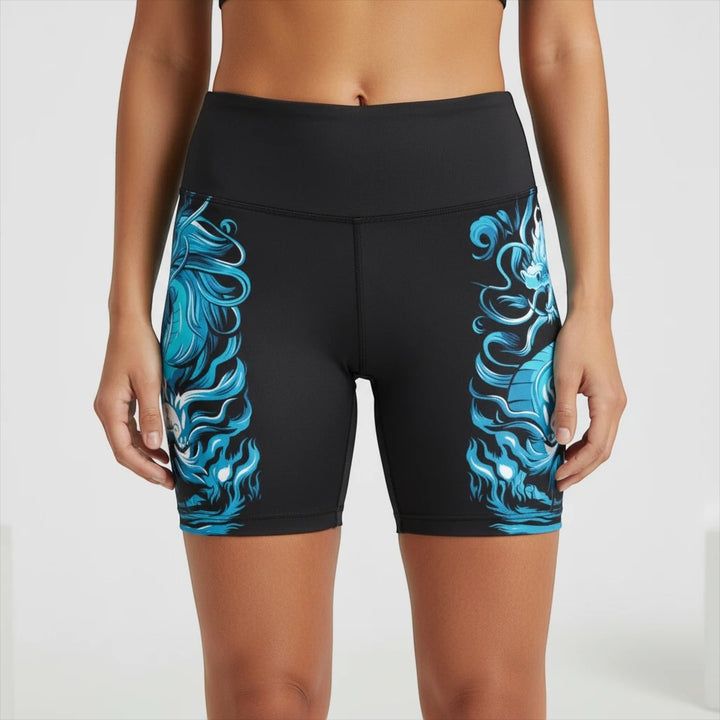 Sea Dragon Dreams women's black workout shorts with blue dragon print side panels, made from polyester.
