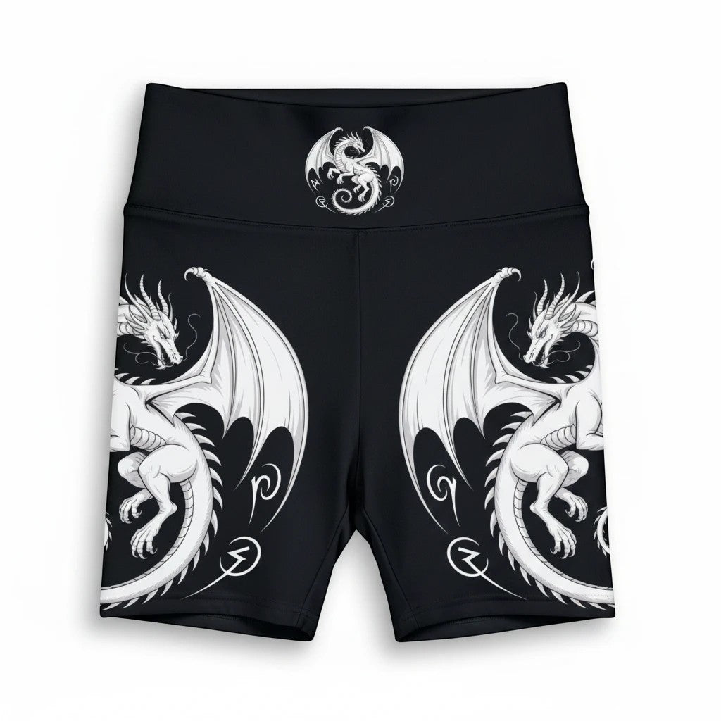 Sea Dragon Dreams women's black athletic workout shorts featuring a white fantasy dragon print and gusset insert.