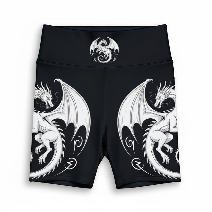 Sea Dragon Dreams women's black athletic workout shorts featuring a white fantasy dragon print and gusset insert.