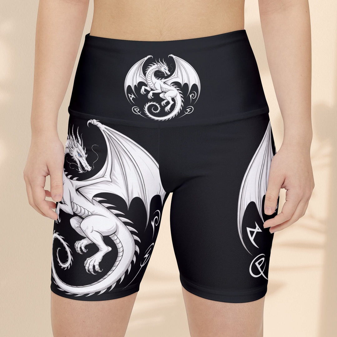 Sea Dragon Dreams women's black athletic workout shorts featuring a white fantasy dragon print and gusset insert