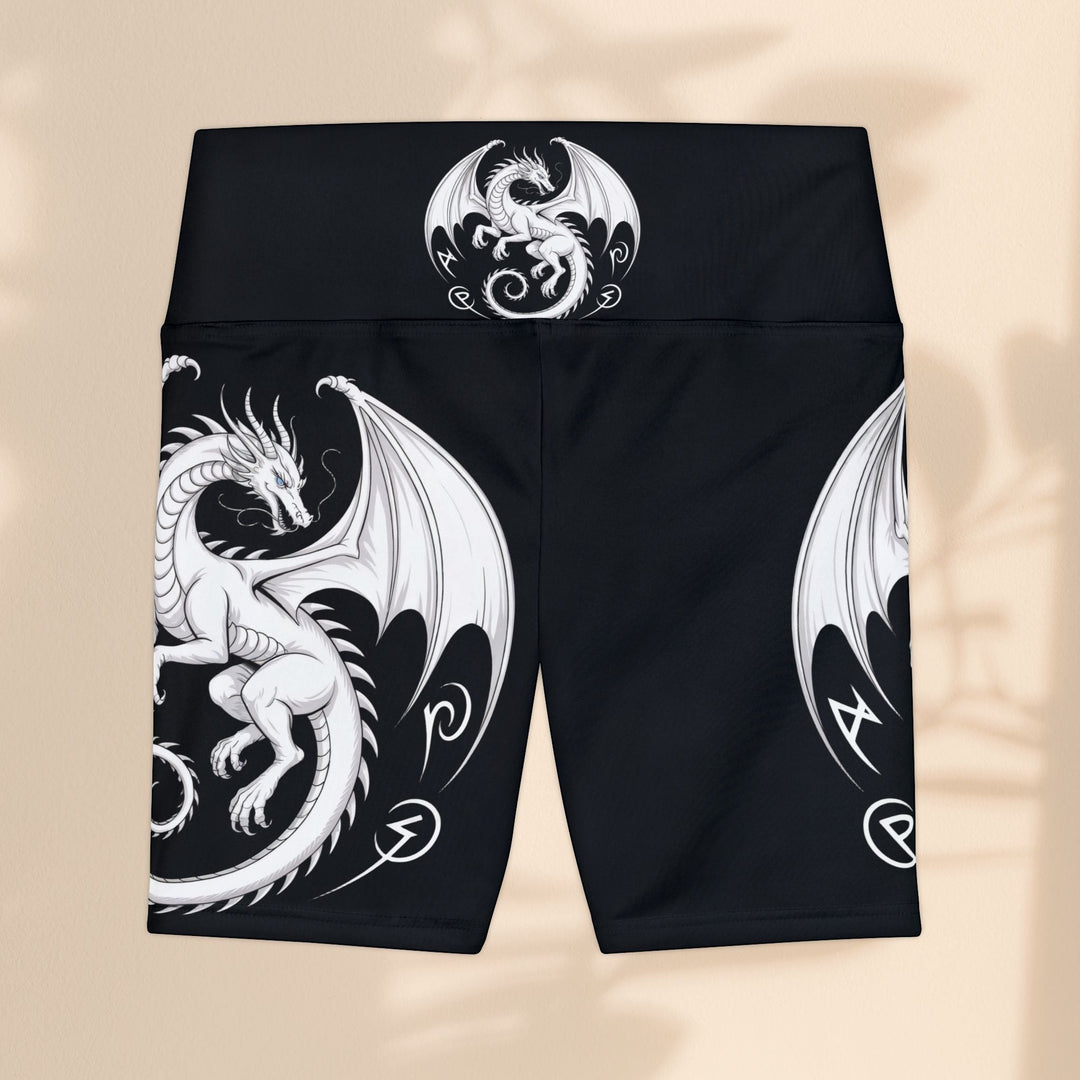 Sea Dragon Dreams black athletic workout shorts featuring a white fantasy dragon print and gusset for movement.