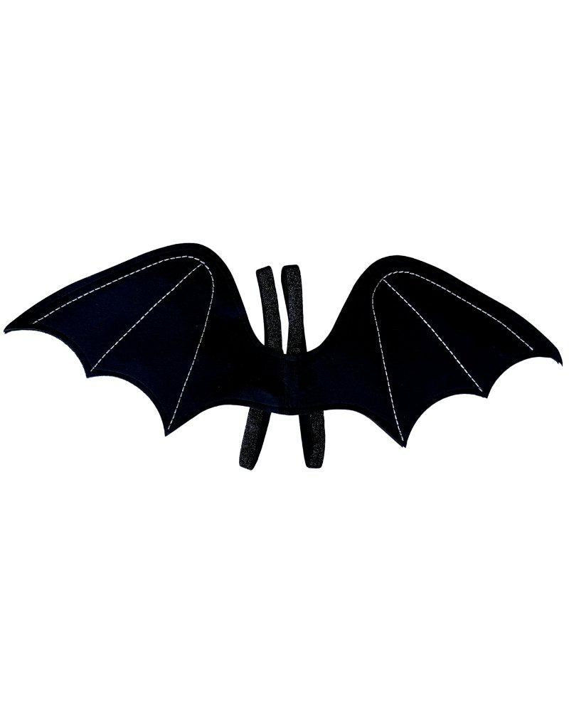 Sea Dragon Dreams black felt bat wings costume with white stitching and elastic backpack straps for children.