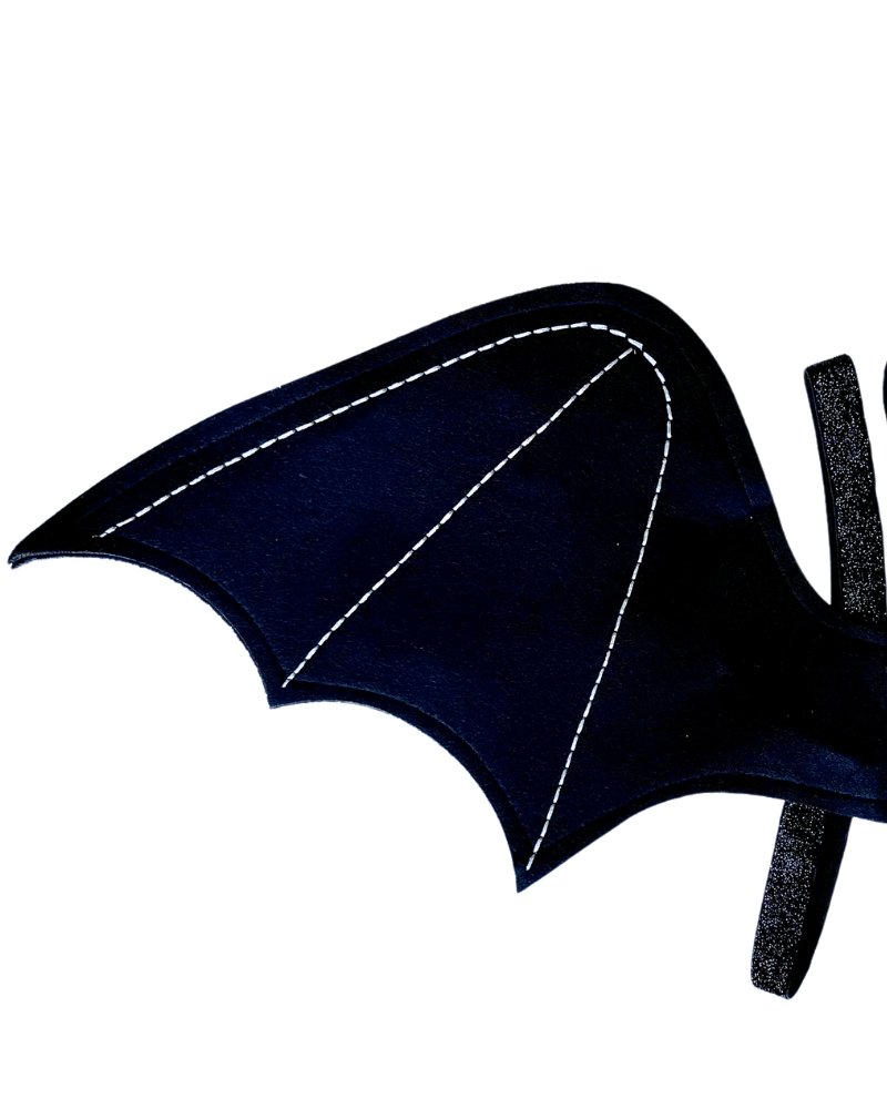 Sea Dragon Dreams black felt bat wings costume for children with white stitching and glittery elastic backpack straps