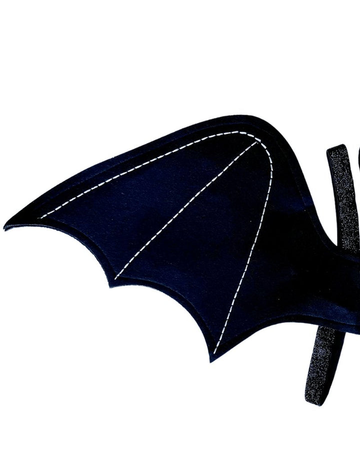Sea Dragon Dreams black felt bat wings costume for children with white stitching and glittery elastic backpack straps