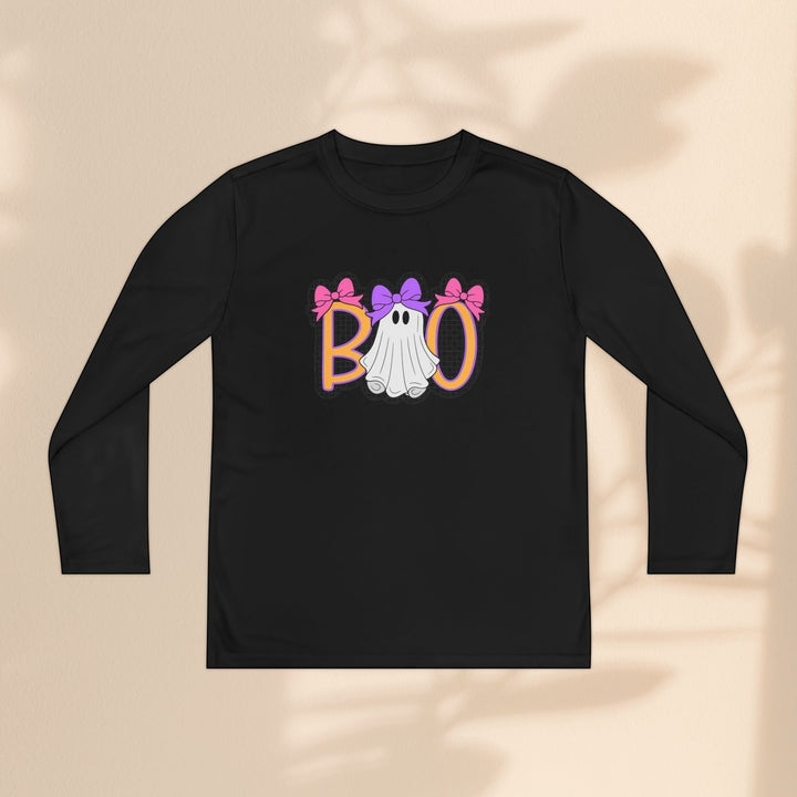 Sea Dragon Dreams black long sleeve kids Halloween shirt with a ghost and Boo graphic featuring pink and purple bows.