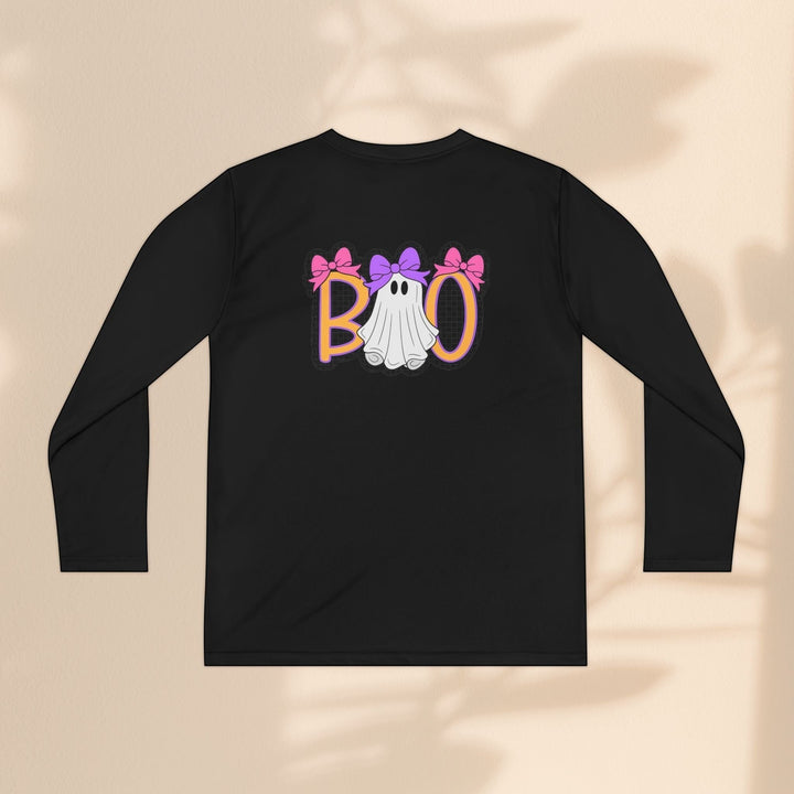 Sea Dragon Dreams black long sleeve kids Halloween shirt with a ghost Boo graphic featuring pink and purple bows