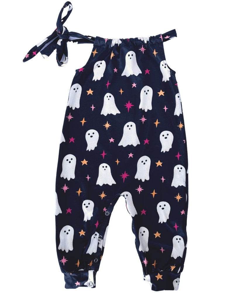 Sea Dragon Dreams Addison jumpsuit in black with white ghost and colorful sparkle print and adjustable tie straps