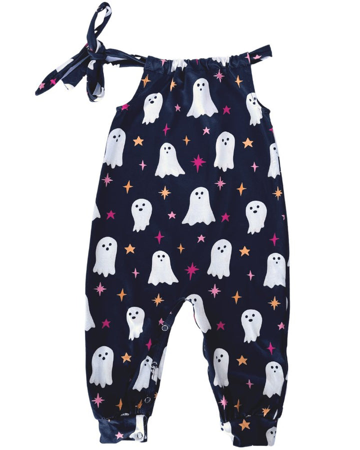 Sea Dragon Dreams Addison jumpsuit in black with white ghost and colorful sparkle print and adjustable tie straps