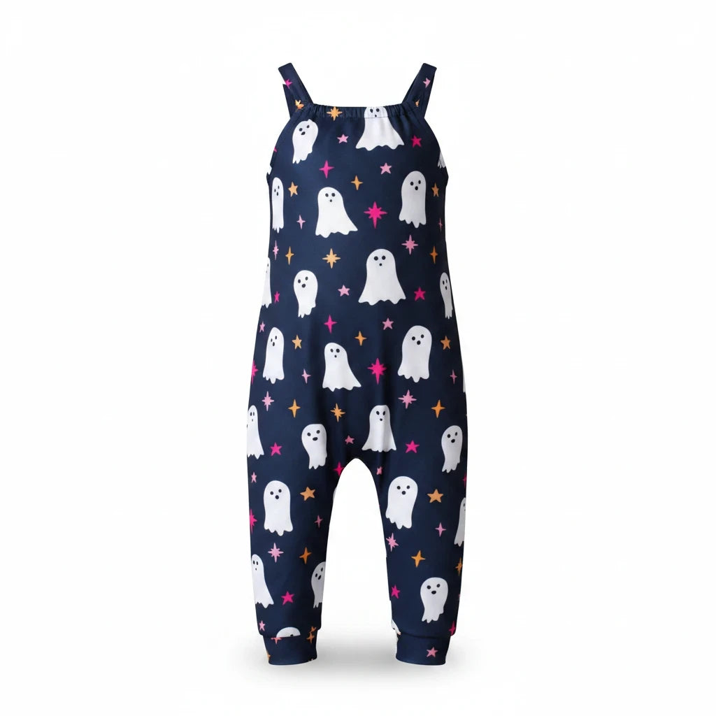 Sea Dragon Dreams Addison jumpsuit in black with white ghost and colorful sparkle print and adjustable straps