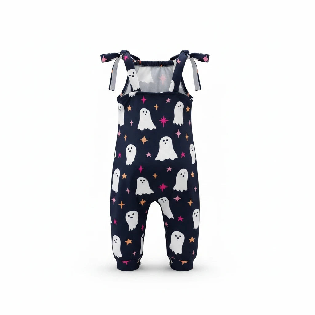 Sea Dragon Dreams black jumpsuit with white ghost and colorful sparkle print featuring adjustable tie straps