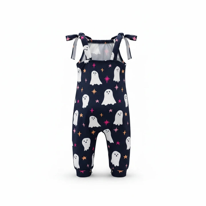 Sea Dragon Dreams black jumpsuit with white ghost and colorful sparkle print featuring adjustable tie straps