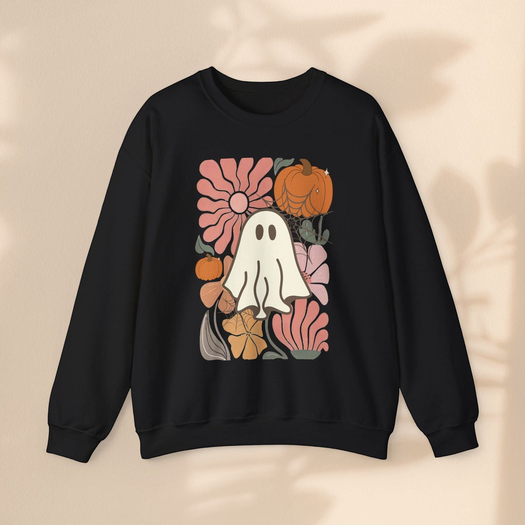 Sea Dragon Dreams black crewneck sweatshirt featuring a retro ghost, pumpkin, and floral graphic print.